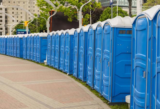 a row of portable restrooms at a fairground, offering visitors a clean and hassle-free experience in bluff